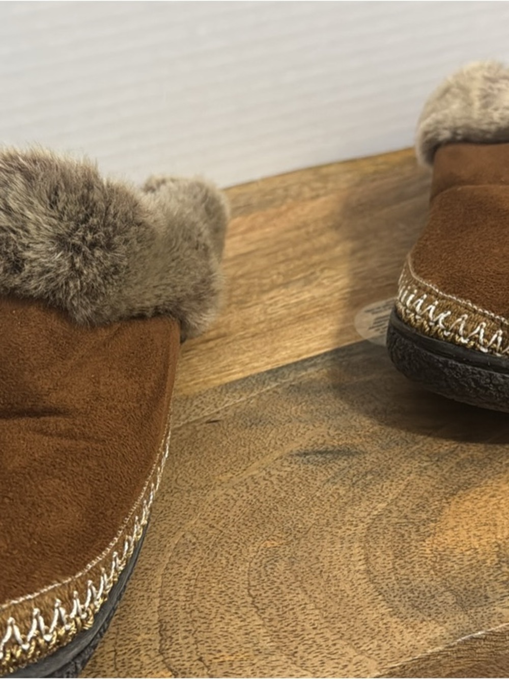 isotoner Brown Faux-Fur Trim Suede Slip-On Slippers - Picture 2 of 8